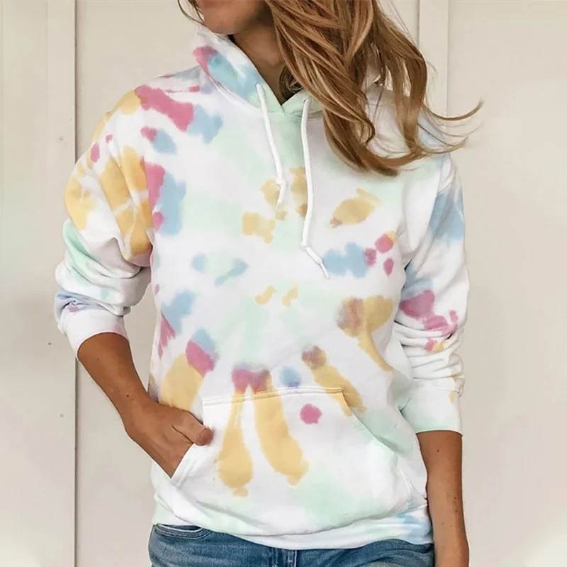 Осень принт с кулиской карманы женские толстовки свободного покроя длинными