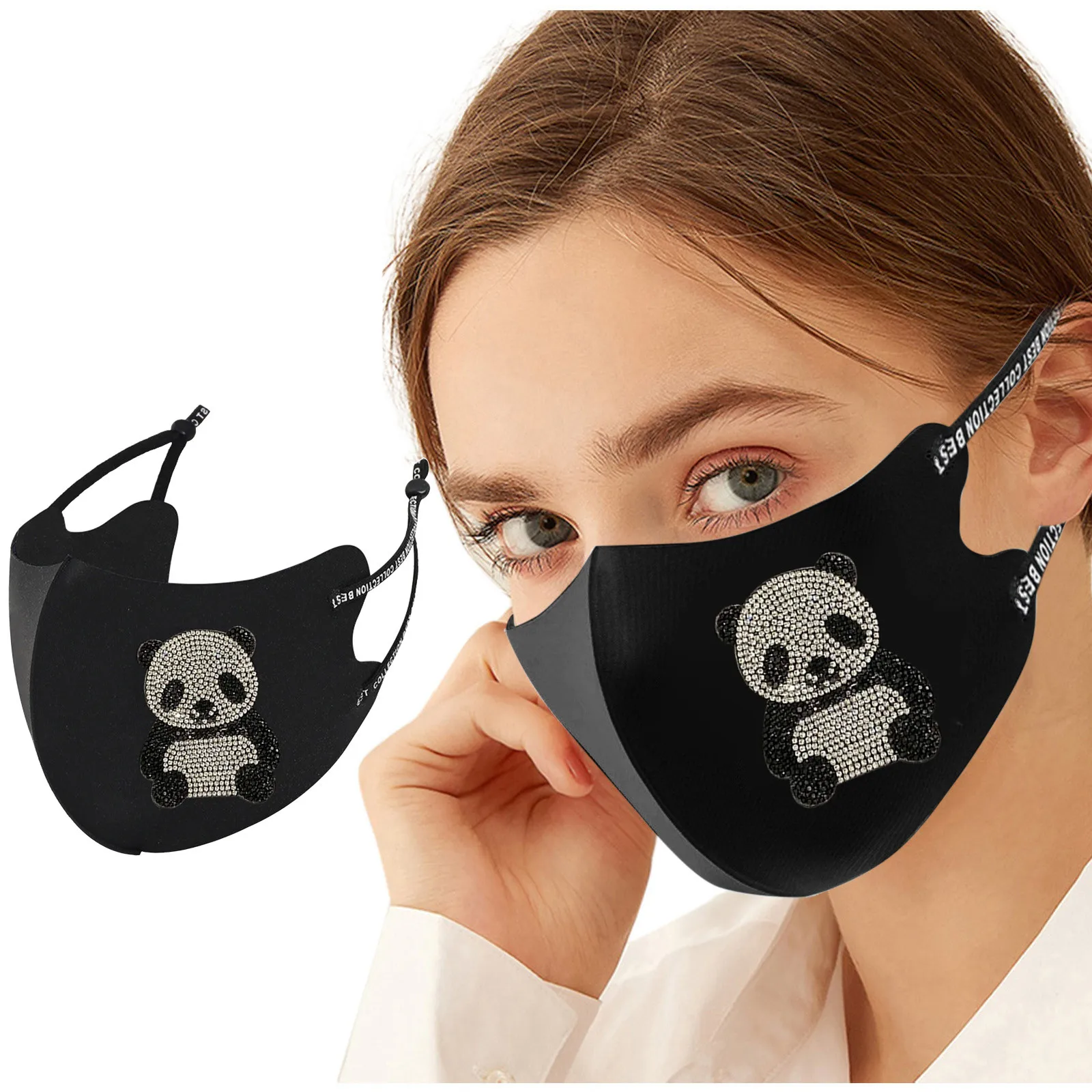 

Cute Panda Rhinestones Glitter Face Masks Reusable Ice Silk Breathable Anti-dust Mouth Mask Shiny Crystal Mask masque lavable