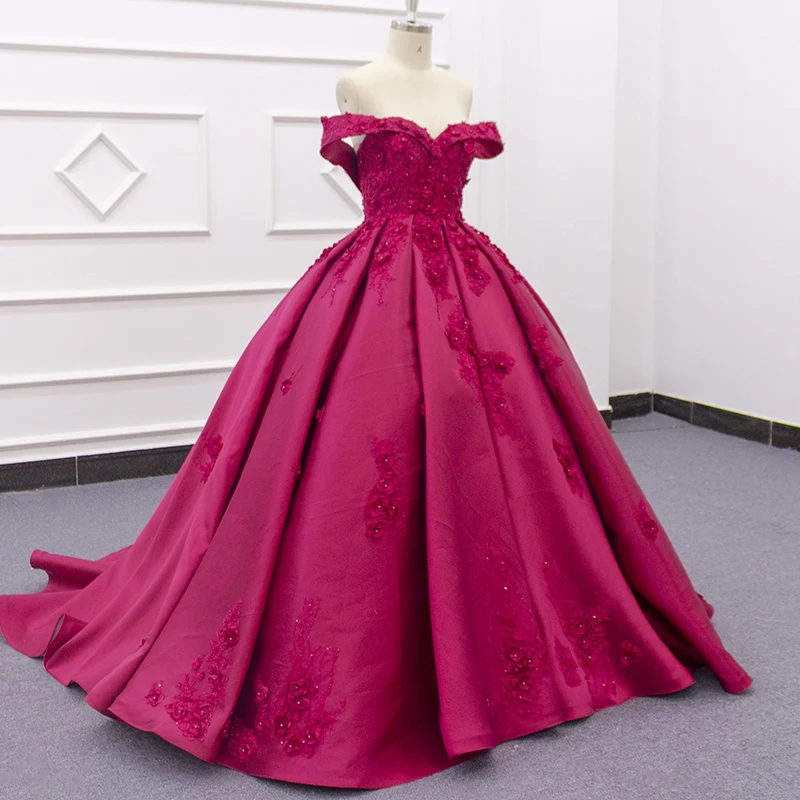2020 SJ301 customized red off shoulder 3D lace luxury elegant design bridal ball gown dress