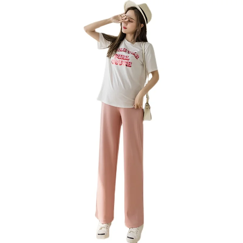 

501 Spring Summer Thin Maternity Full Long Pants Wide Leg Loose Belly Straight Pants Clothes for Pregnant Women Pregnancy Casual