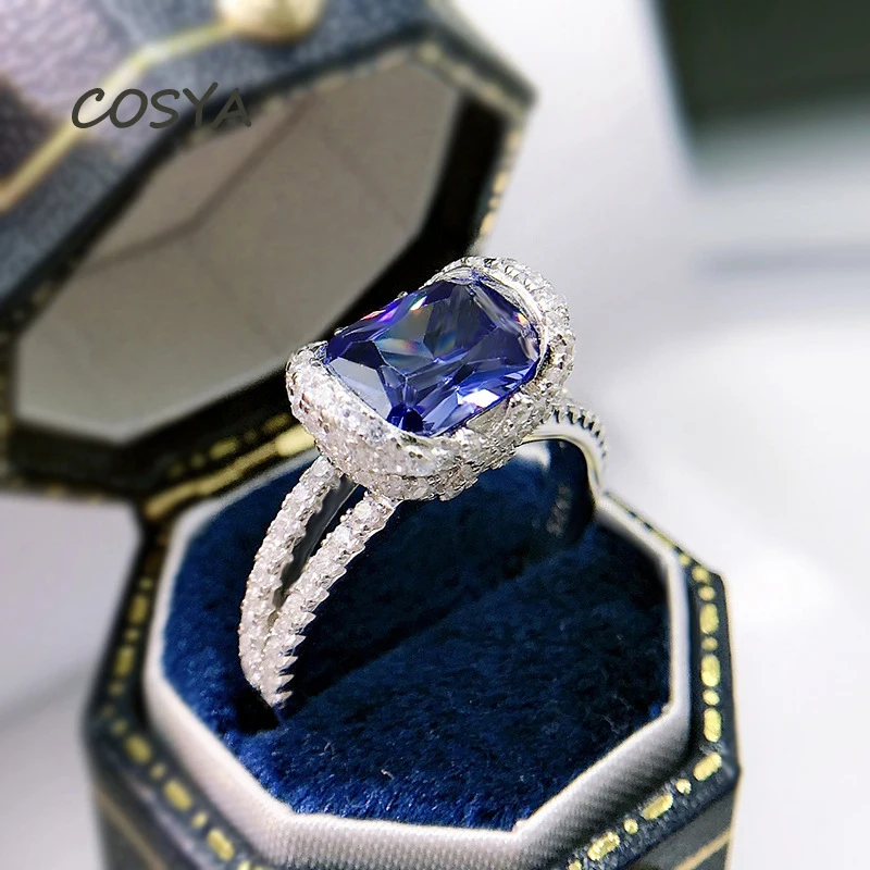 

COSYA Real 925 Sterling Silver 7*9mm Oval Sapphire Blue Created Diamond Rings For Women Sparkling Fine Jewelry Anniversary Gifts