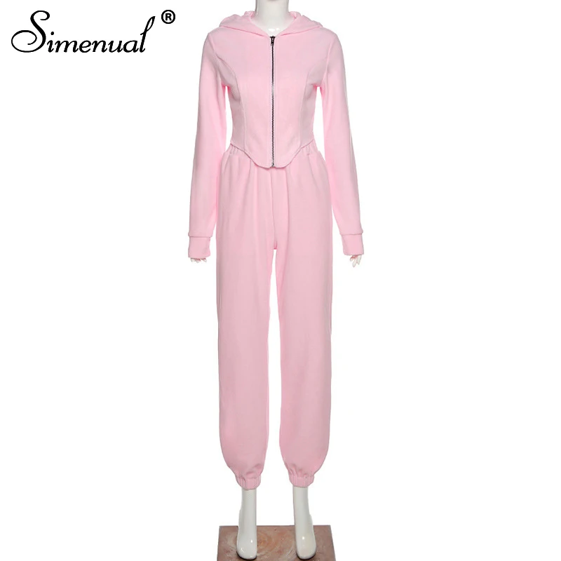 

Simenual Fleece Casual Sporty Hooded Two Piece Sets Women Long Sleeve Winter Workout Loungewear Crop Coat And Pants Tracksuits