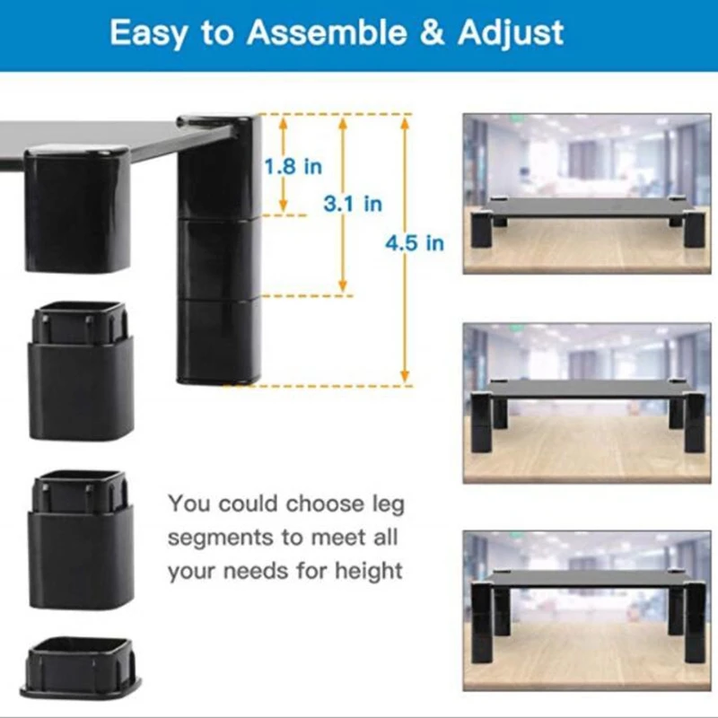 

Black Tempered Glass Monitor Stand Riser, Height-Adjustable Desktop Computer Monitor Riser