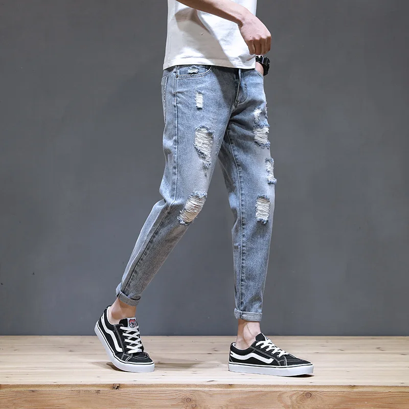 

Summer thin 2021 men's ankle length distressed pencil pants trendy brand Slim feet Korean all-match trousers men's ripped jeans