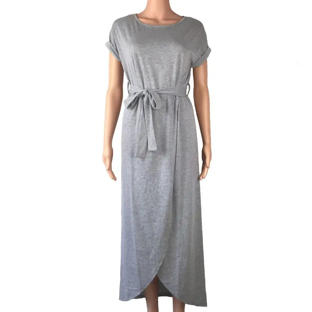 

Round Neck Women Dress Solid Color All Match Breathable Short Sleeve Irregular Hem Front Split Maxi Dress Sundress Banquet Retro