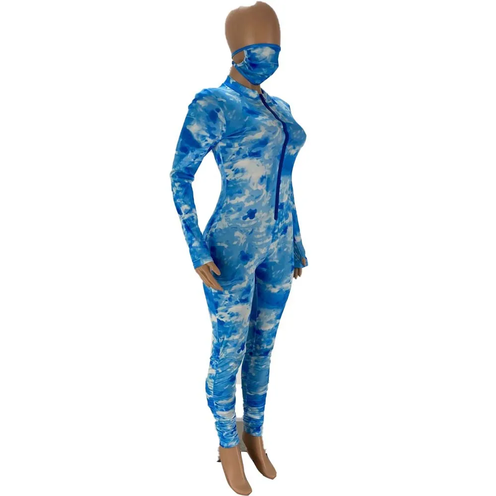 

Solid Color Print Zipper Long Sleeves Rompers Summer Women Jumpsuit European and American Hot Style Model with a Mask