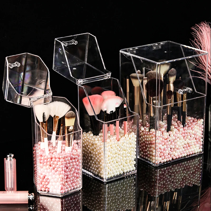 Caja de almacenamiento de pinceles de maquillaje, organizador de plástico acrílico transparente con cubierta, soporte de herramientas cosméticas, perlas y caja, venta por separado