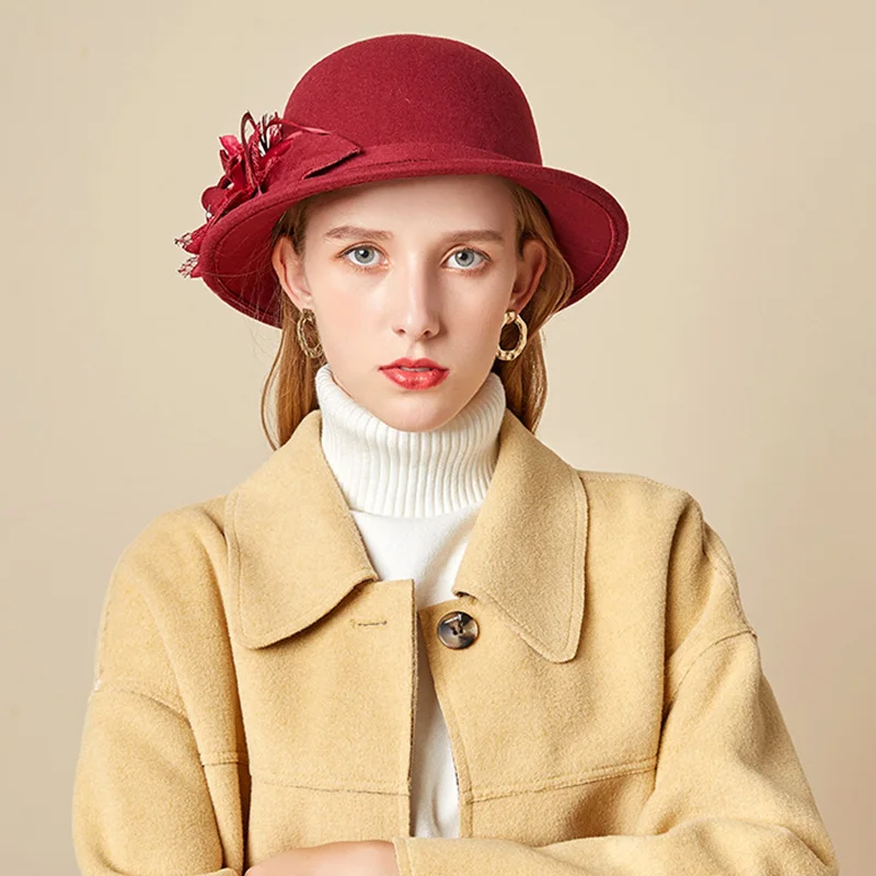 FS Винтаж для женщин Шерсть фетр Клош Федора шляпа элегантные дамы партии церкви