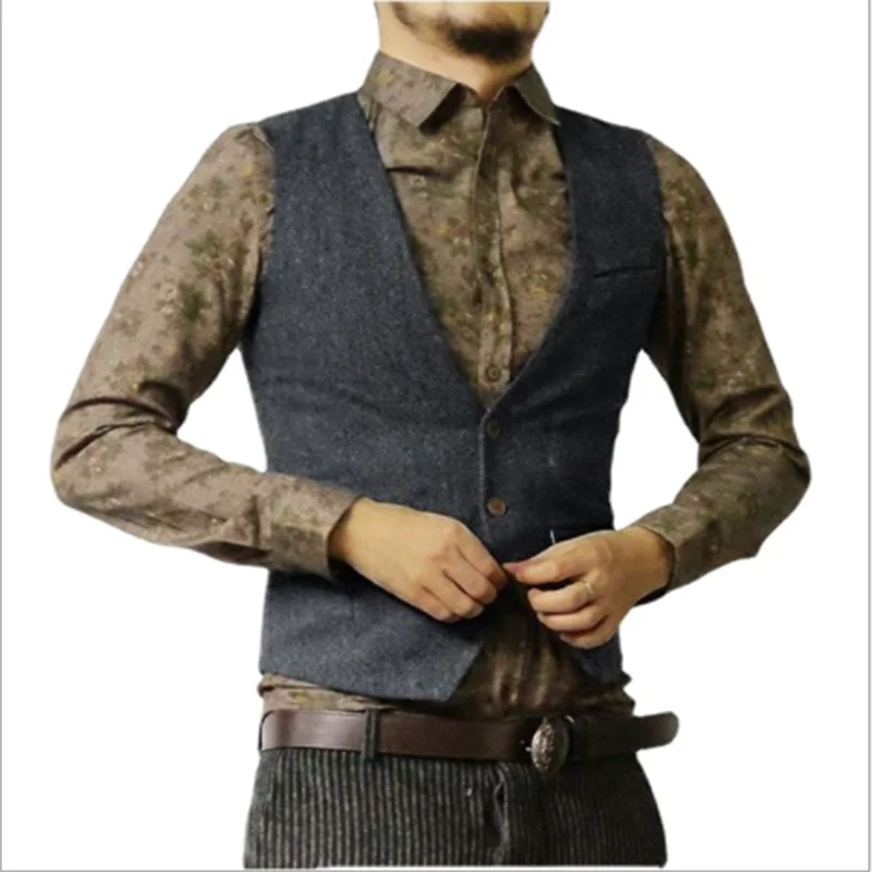 

Men's Tweed Suit Vest Retro Cowboy Steampunk Male Waistcoat жилетка мужская