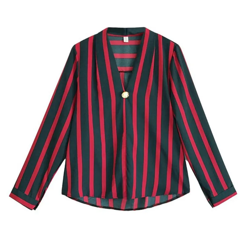 

XUXI Women Long Sleeve Thin Shirt V-Neck Casual Loose Fashion Stitching Stripe Printing Chemise Femme Vintage Large Size E012