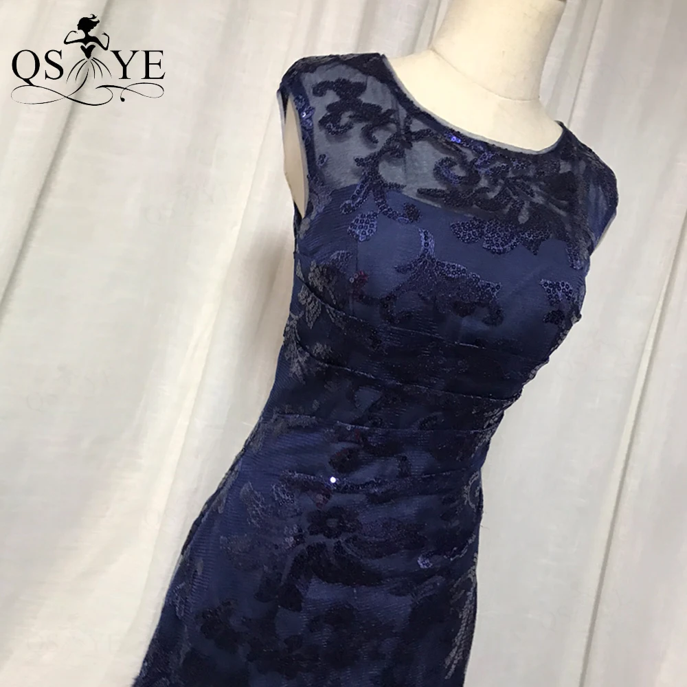 

QSYYE Open Back Evening Dresses Mermaid Navy Prom Gown Sequined Sleeveless Party Dress Flower Pattern Formal Dress Floor Length