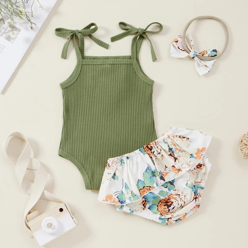 

Toddler Baby Girl Summer 3Pcs Set Solid Color Suspender Tops + Print Shorts + HairBand Casual Children Outfits 0-24M