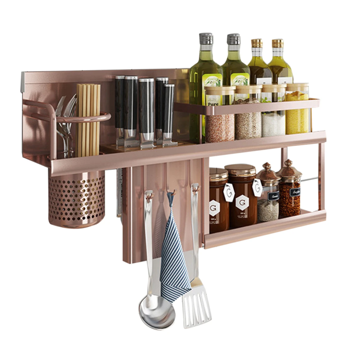 

2 Tiers Wall Mounted Kitchen Storage Rack Seasoning Organizer Shelf - Rose Gold