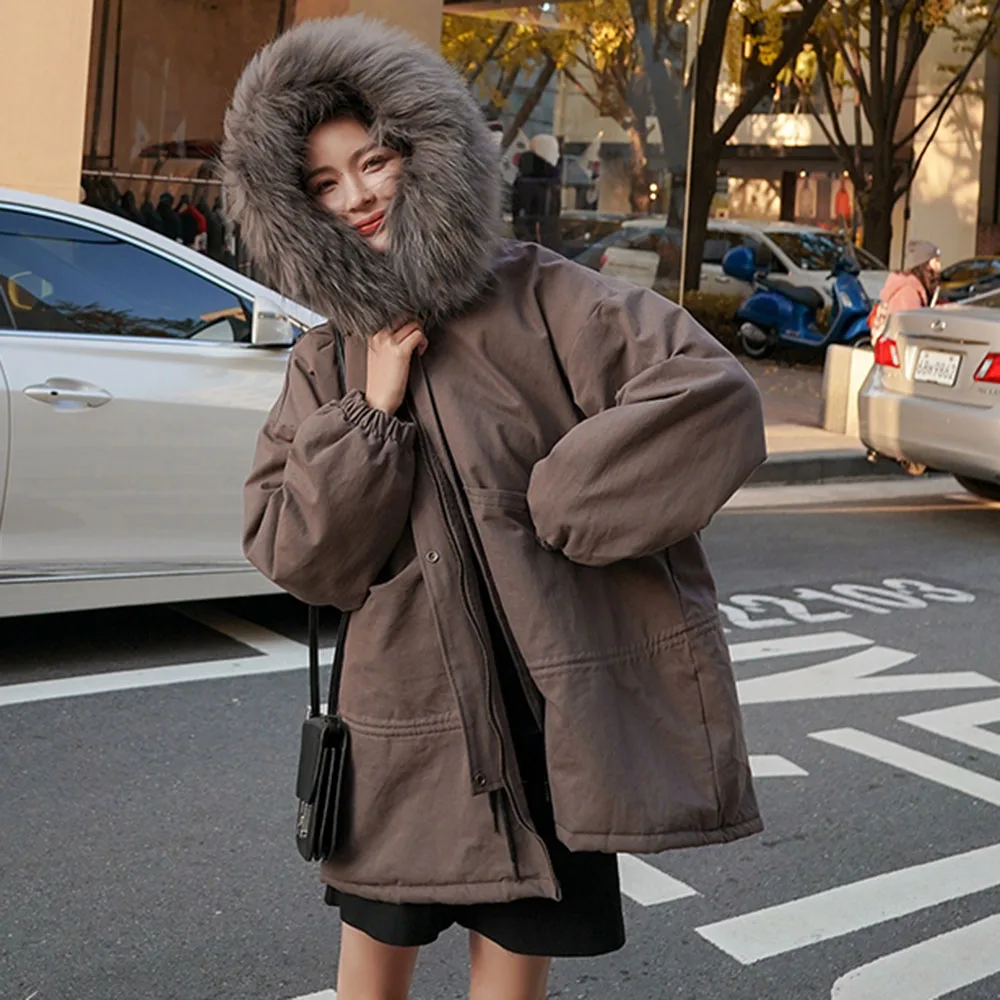 

Cotton Padded Jacket 2021 Autumn Winter New Solid Color Zipper Hooded Fur Collar Long Sleeve Thicken Warm Womens Overcoat