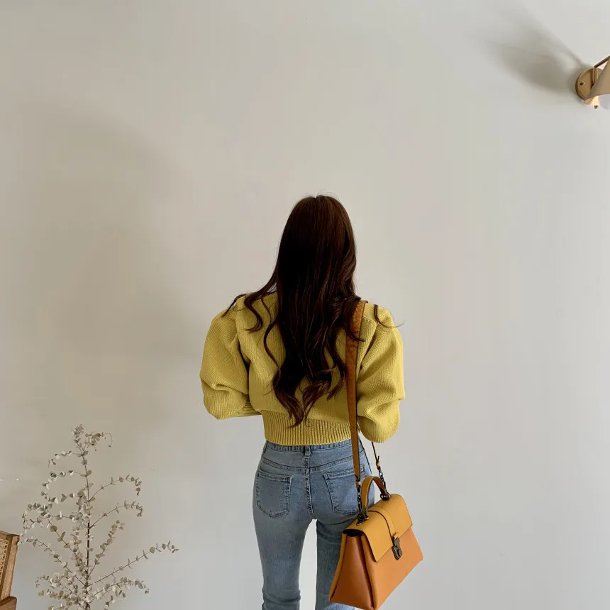 

Spring and Autumn Candy Color Slim Waist Pullovers 2021 O-neck All-match Knitted Sweater Puff Sleeve Soft Warm Tops Women