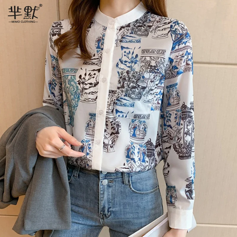 

Европейские товары, разноцветная Ретро рубашка с цветочным принтом, женская модная дизайнерская нишевая рубашка с длинными рукавами, шифон...