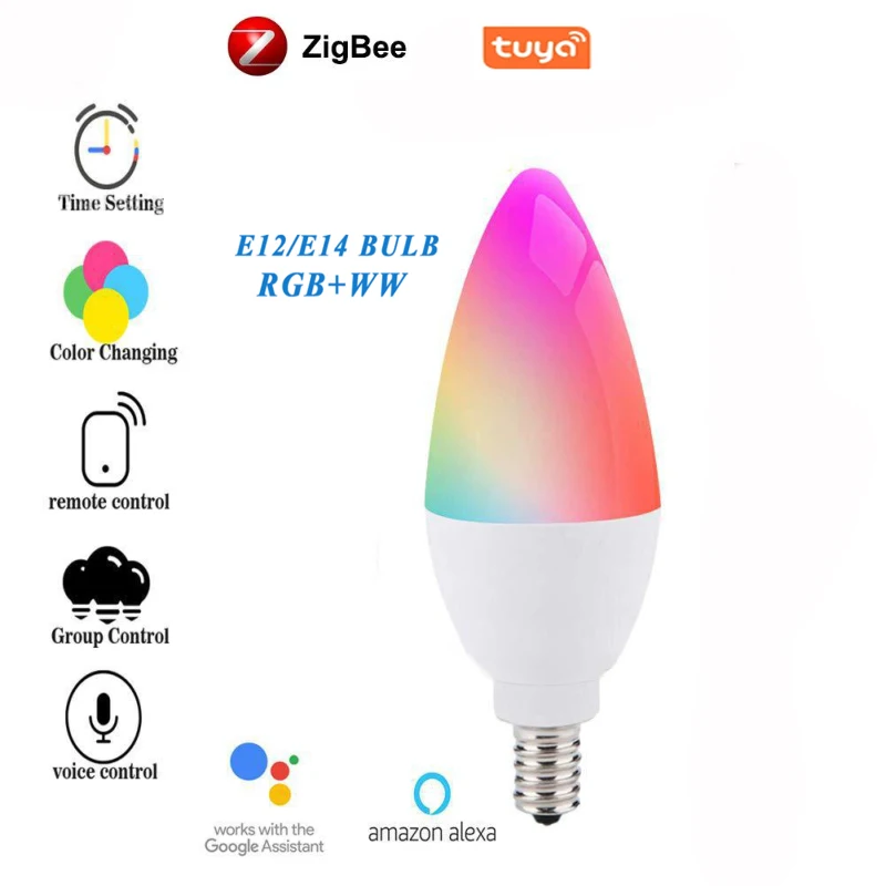 

Tuya Smart Zigbee Bulb E12/E14 LED Light Candle Compatible With SmartThings Smart Home 5W RGB Bulb Works With Alexa/Google Home