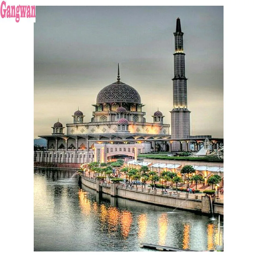 

Алмазная живопись с изображением мечети реки, вышивка крестиком, полная выкладка, мозаика из круглых страз, город для гостиной
