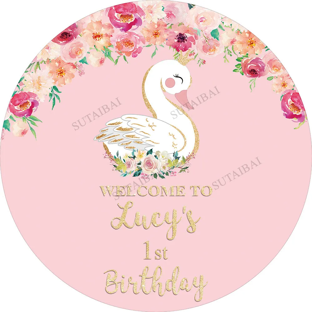 

Swan Circle Round Backdrop Cover Pink Flower 1st Birthday Party Baptism Baby Shower Wallpaper Photophone Banner Photo Background