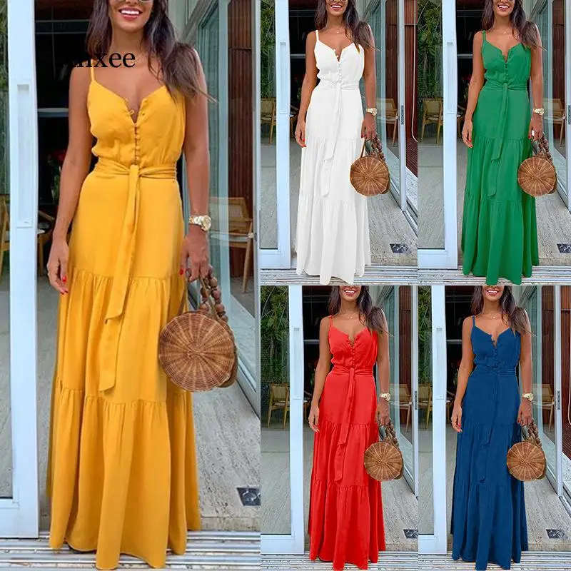 

Elegant Summer V Neck Spaghetti Strap Robe Belt Ruffles Maxi Dress Femme Party Beach Long Dresses Casual Vestidos Tunic Clothes