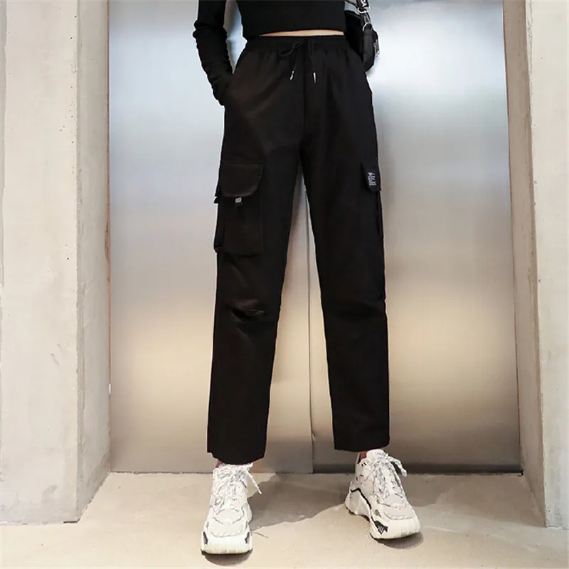 Женские брюки карго с большими карманами свободные высокой талией в уличном