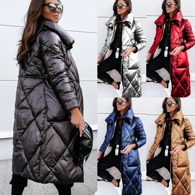 Winter 2021 New Colorful Candy Cotton-padded Jacket Women's Down Padded Turn-down Collar Long Jacket Shiny Warm Padded Parkas