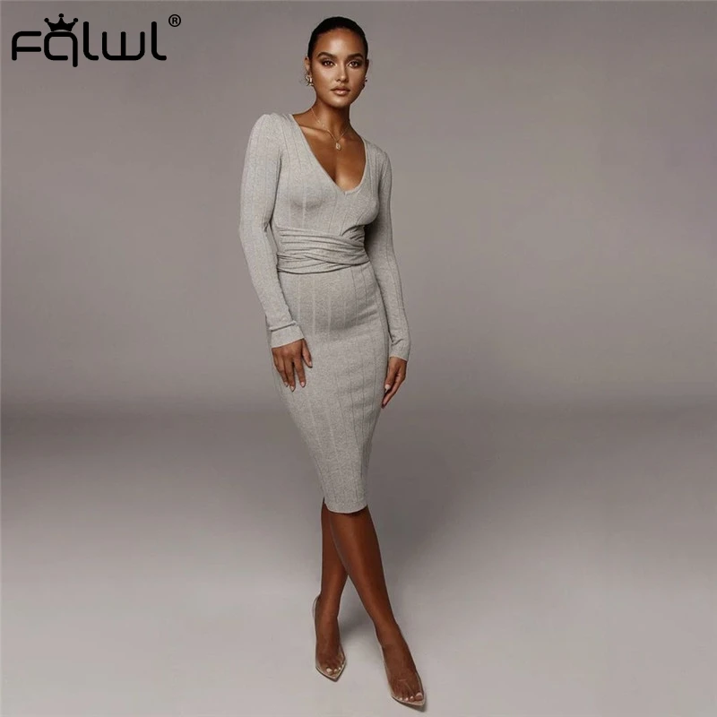 Женское трикотажное платье миди FQLWL Черное и белое облегающее карандаш