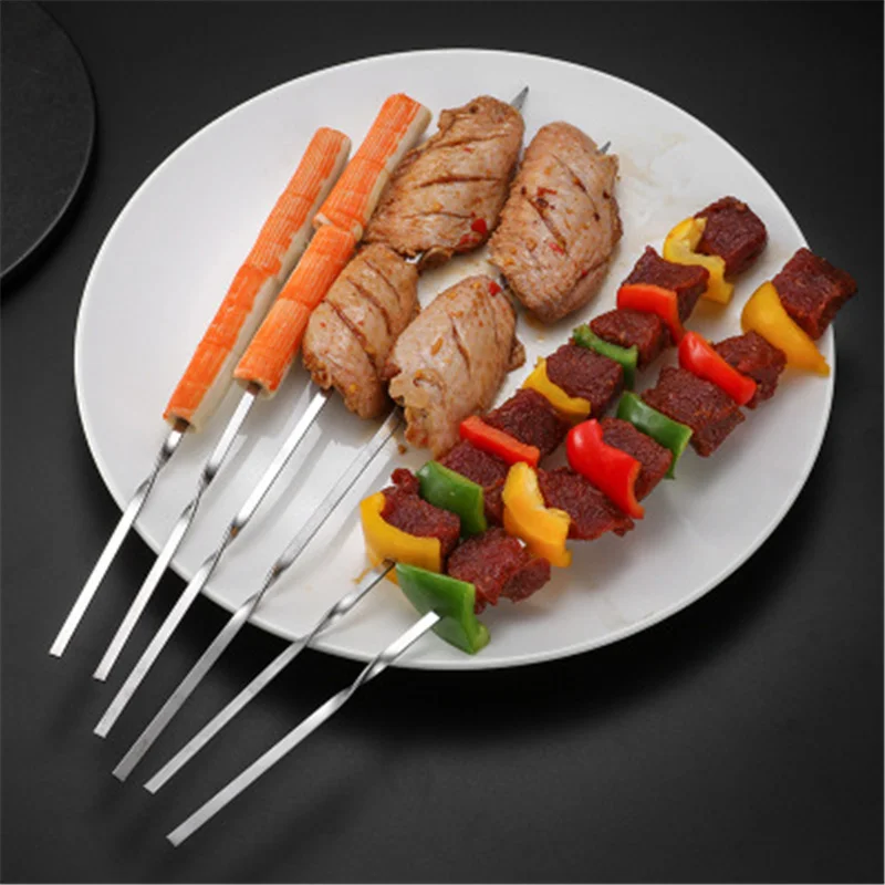 

10pcs Skewers for Barbecue Reusable Grill Stainless Steel Skewers Shish Kebab BBQ Camping Flat Forks Gadgets Kitchen Accessories