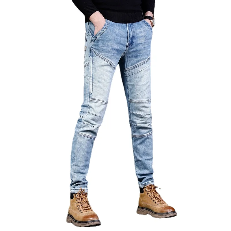 2022 New Fashion Blue Jeans Men Casual Slim Fit Pencil Pants Mens Patchwork Jean Streetwear Biker Denim Trousers