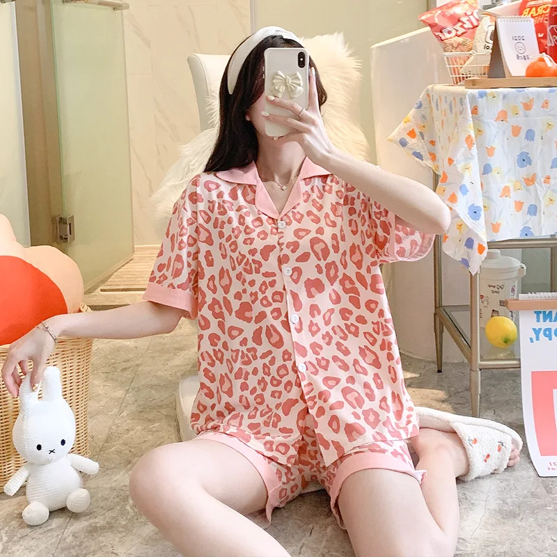 

Модная Летняя женская пижама с леопардовым принтом, шорты с коротким рукавом, пижамный комплект, модная Свободная Повседневная Ночная рубашка для девочек, домашняя одежда