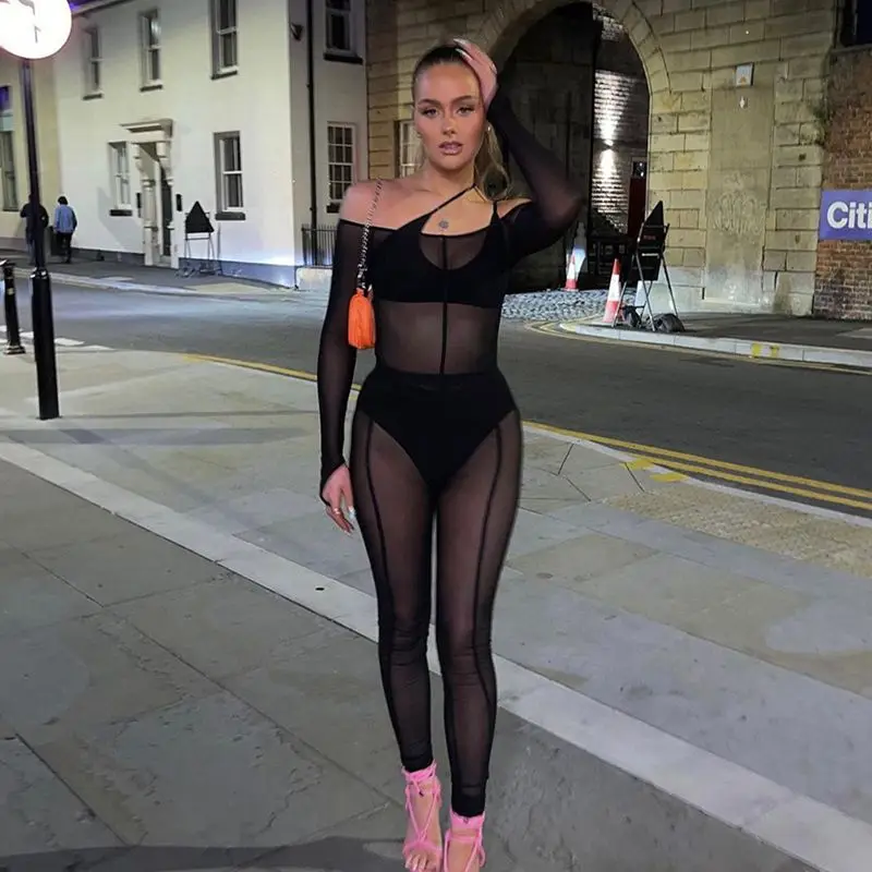 

Fall Clothes One-shoulder Mesh Sheer Nightclub Sexy Bodycon Jumpsuit Women Romper One Piece Outfits Streetwear Wholesale Items