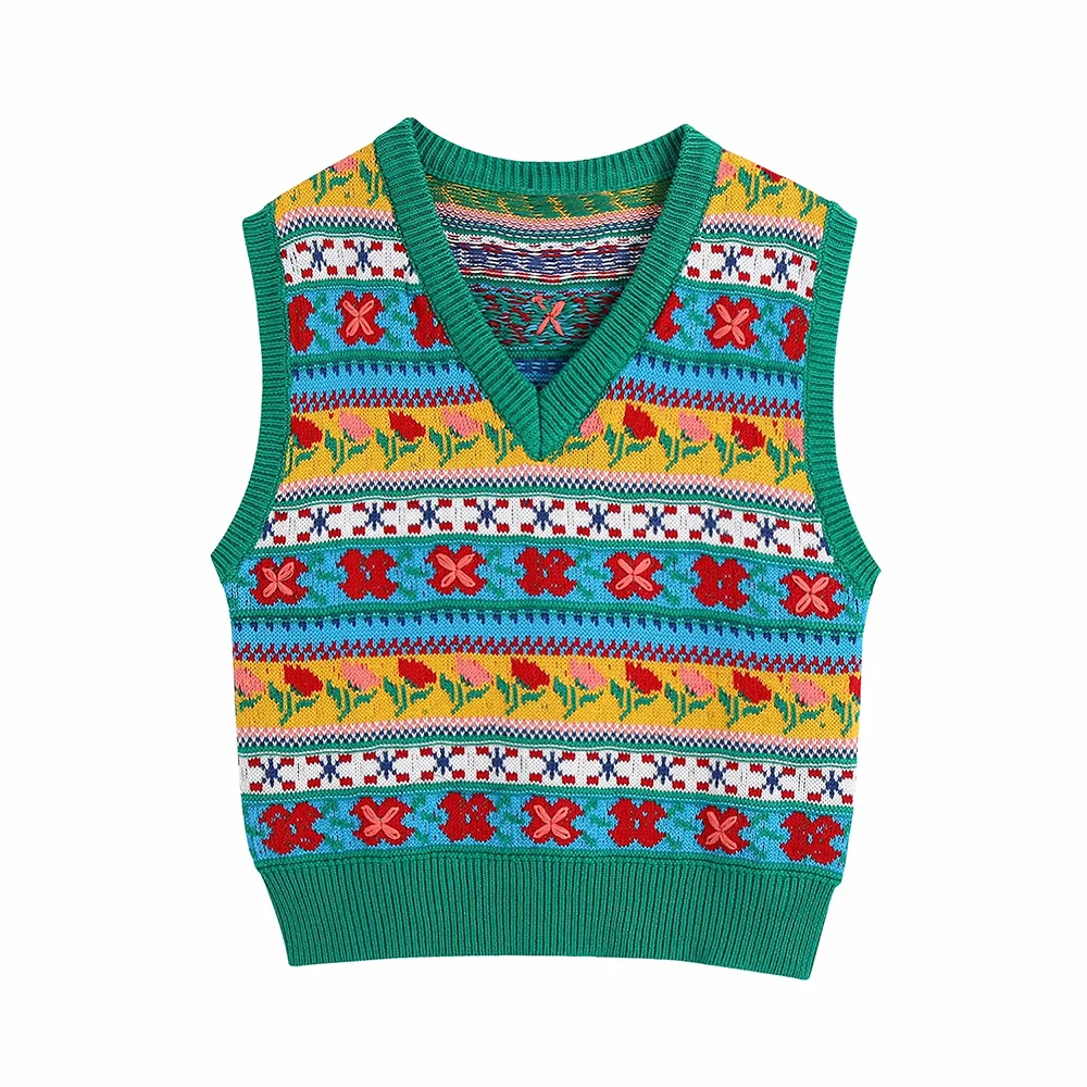 

ZA Knit Vest Green Women Fashion Floral Knit Jacquard Sweater Sleeveless Vintage V Neck Female Waistcoat Chic Tops