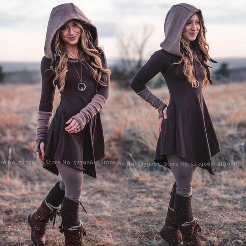 Women Medieval Victorian Retro Gothic Punk Elf Hooded Tee Tops Vintage Wizard Witch Long Sleeve T-shirts Dress Cosplay Costumes