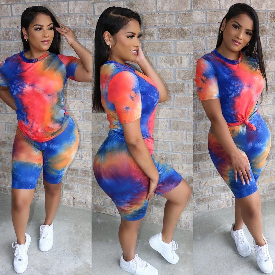 Женский спортивный костюм Tie Dye Повседневная футболка и велосипедные шорты