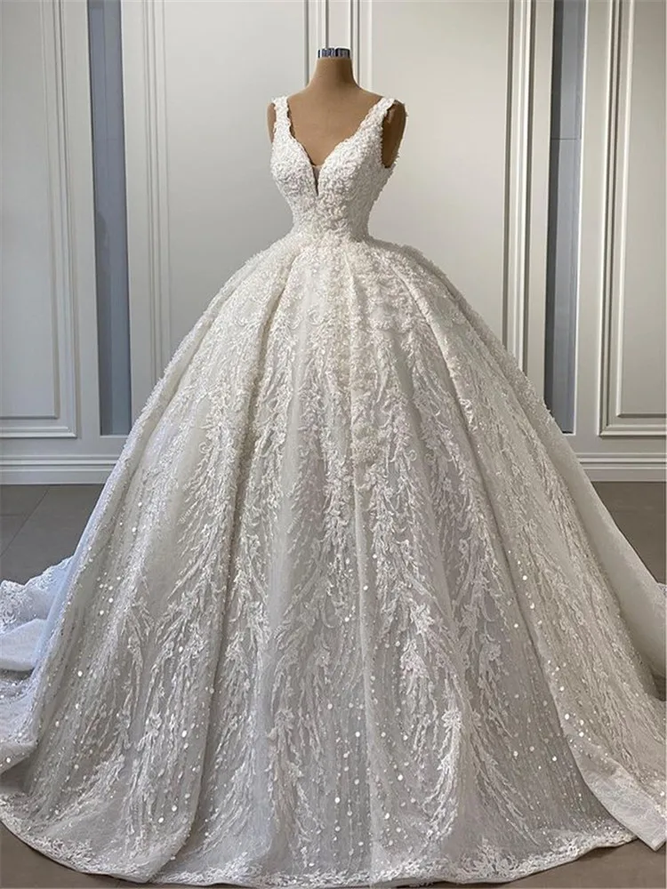 Gorgeous Beads Stones Lace Ball Gown Wedding Dresses 2021 Vestido De Noiva Sexy Open Back V Neck Wedding Gowns Robe De Mariage