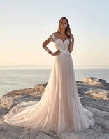 beach vestdo de noiva backless wedding dresses a line scoop 34 sleeves tulle appliqued boho dubai arabic wedding gown bridal