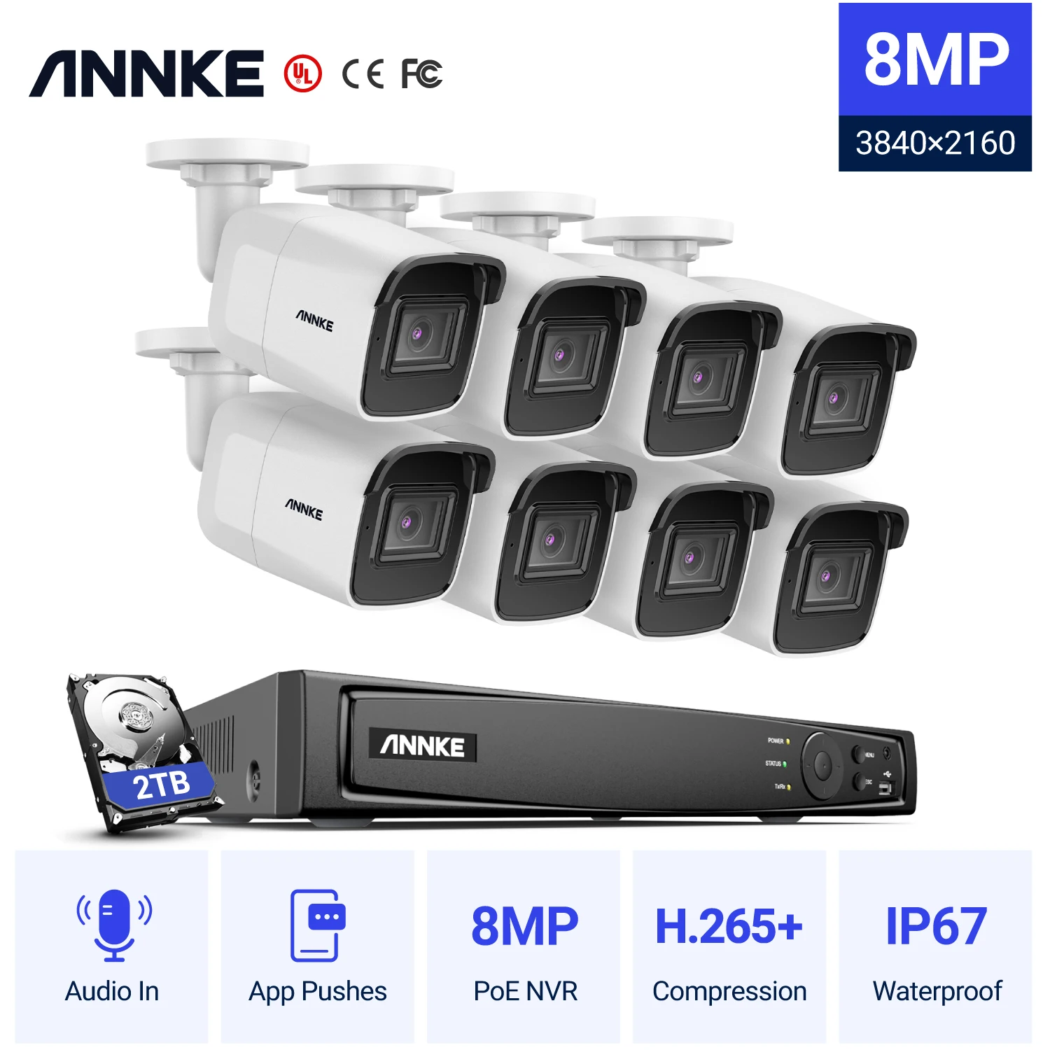 ANNKE 8CH 4K Ultra HD POE сетевая система видеонаблюдения 8MP H.265 + NVR с 8 шт 30m EXIR камера ночного
