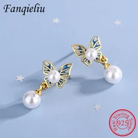 fanqieliu 18k gold vintage butterfly women stud earrings 925 silver real pearl jewelry gift girl trendy fql21570