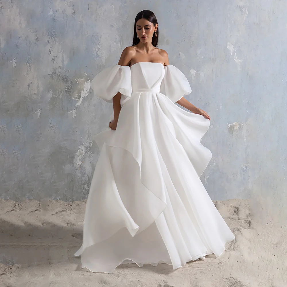 

UETEEY Princess Chiffon Wedding Dress A-Line Short Puff Sleeves Sweep Train Plus Size Lace Up Back Wedding Gowns 2022