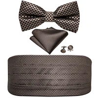 barry wang mens brown bow tie plaid cummerbund checked bow ties handkerchief cufflinks cummerbund waist belt for wedding yf 1024