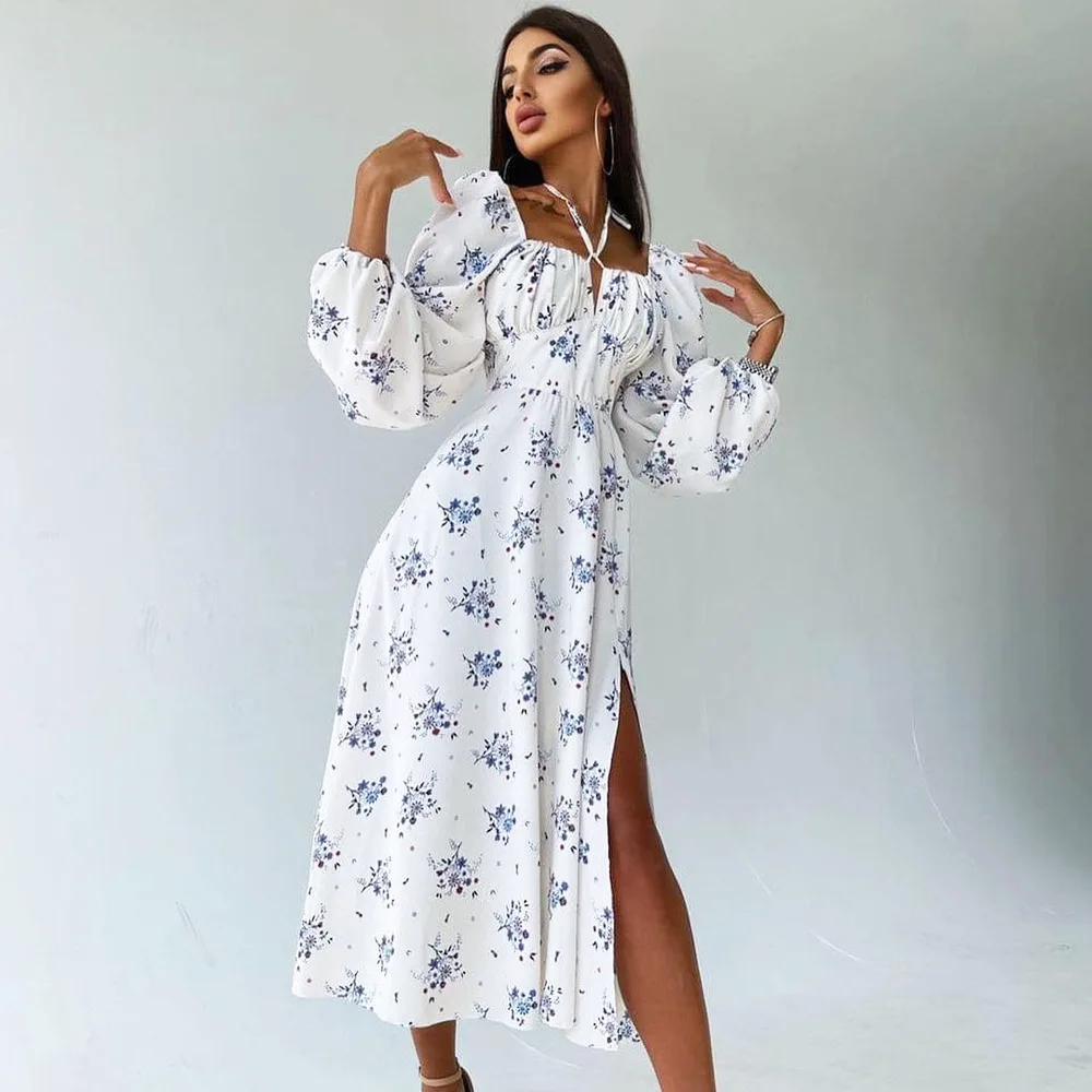 

Split Floral Print Dress Women Square Collar Lantern Sleeve High Waist Slim Dresses Holiday Autumn Sexy Beach Bandage Dress 2021