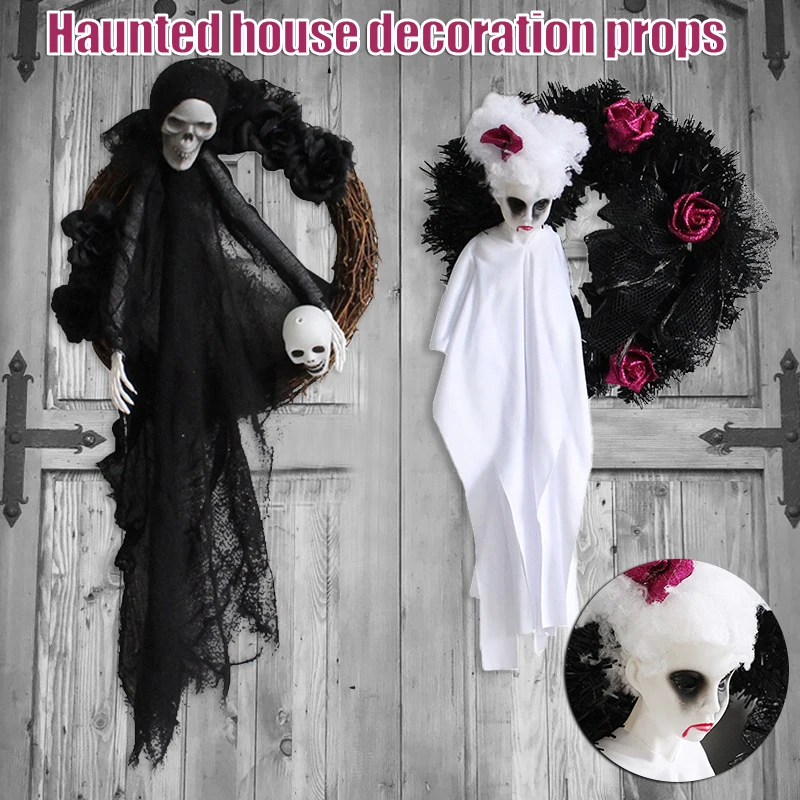 

Halloween Hanging Ornament Horror Party Garland Wreath with Skull Doll Home Wall Decoration for Door Garden VC