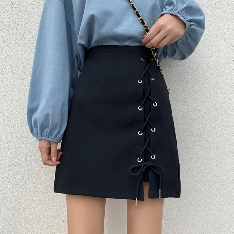 

vintage Summer Bandage mini skirts womens harajuku high waist sexy club black skirts plus size lace up skirts faldas mujer