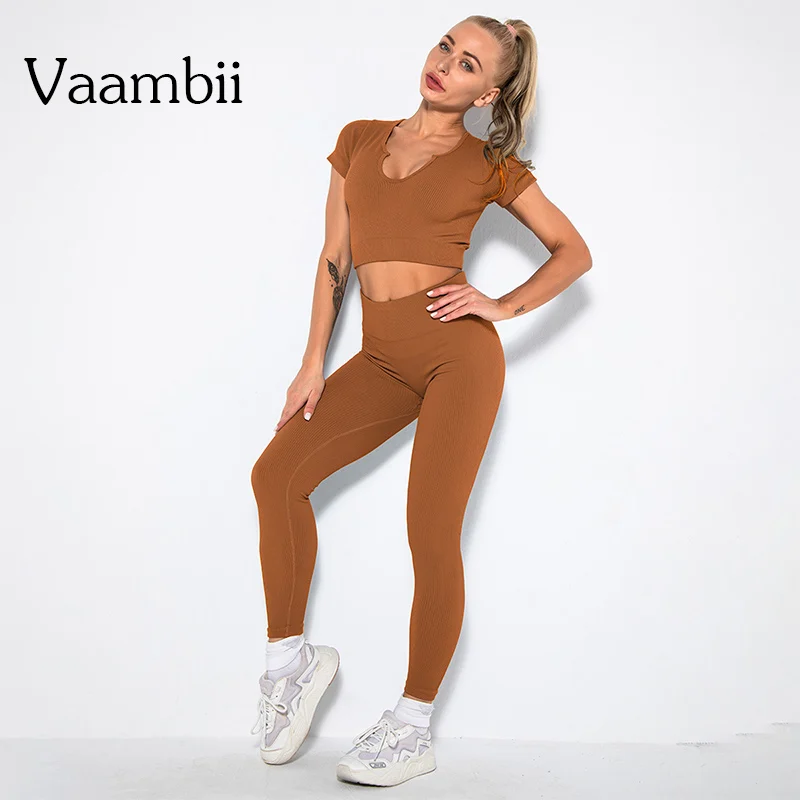 

Women Sports Leggings T-shirt For Fitness Women's Tracksuit Clothing With Free Shipping Seamless Yoga Set 2 Pieces Knitted Suit
