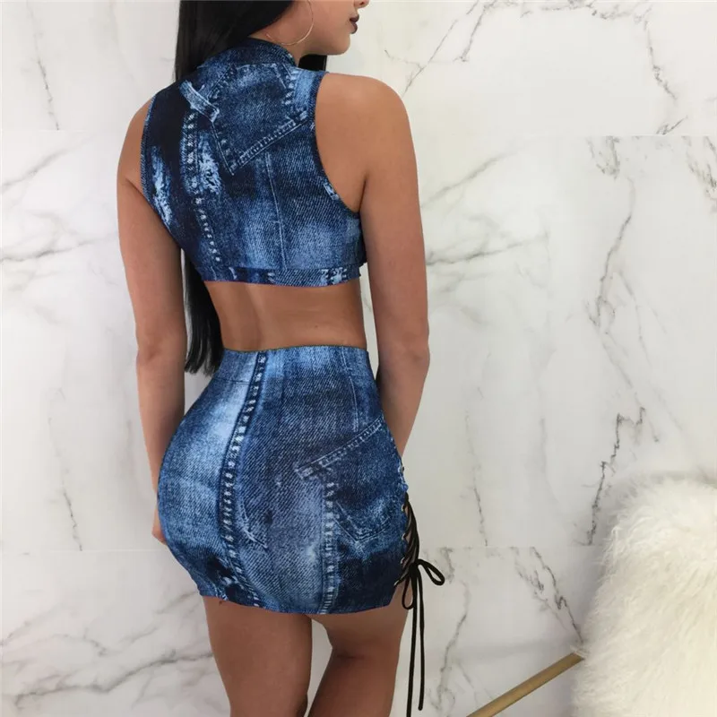 

Sexy Lace up Two Piece Sets Women Bodycon Dresses Summer Sleeveless Hollow Out Jeans Crop Top jeans Skirt Set Party Club Outfit