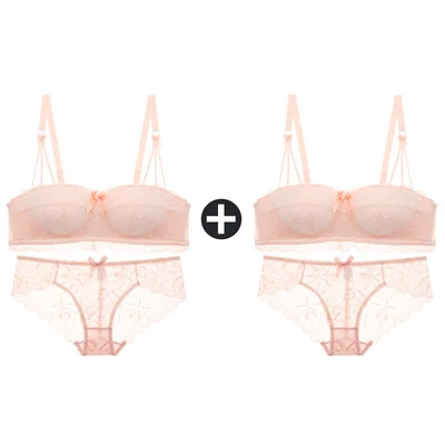Pink And Pink Sets 2 шт., бюстгальтеры для женщин, маленькая грудь, беспроводной бюстгальтер, кружевной бесшовный бюстгальтер с эффектом пуш-ап и трусики, набор, половина чашки, сексуальные трусы, нижнее белье - Цвет: Pink And Pink Sets