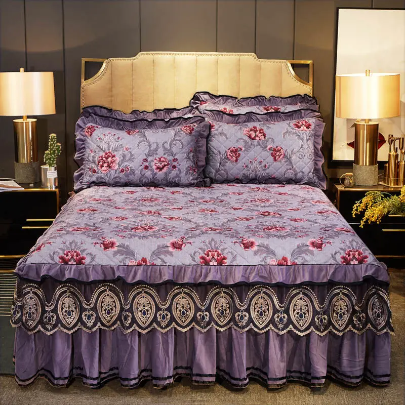 

1 Pc Embroidery Bed Spread Super Soft Bedding Set Luxury Cotton Velvet Warm Bed Skirt Thickened Bedspreads Queen King Size