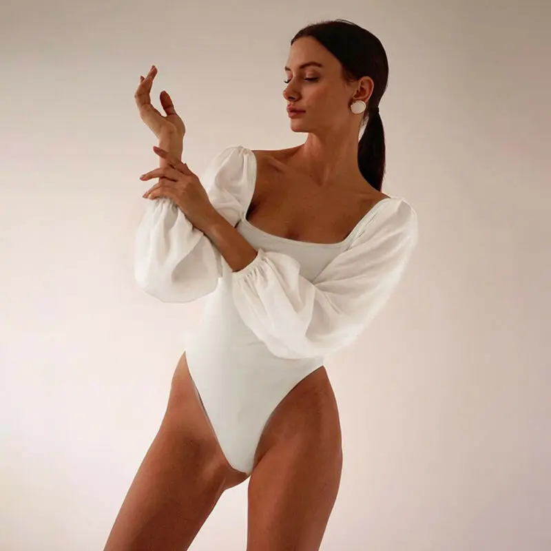 Сексуальные женские повседневные Лоскутные сетчатые пышные боди с длинными