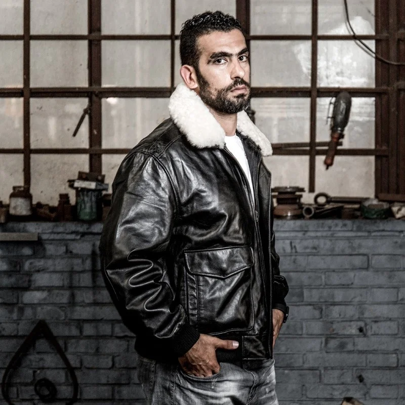 Роскошная мужская куртка из натуральной овечьей кожи приталенная короткая