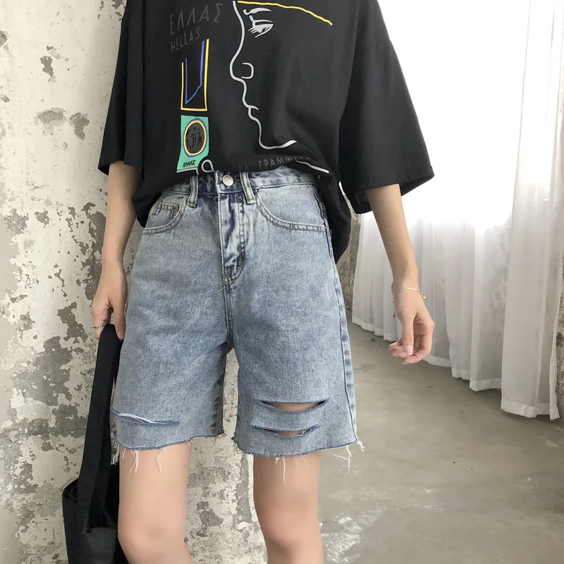 

Shorts Women Retro Denim Holes Design Chic Harajuku Short Trouser Casual Popular High Street Ladies Clothes Cargo Pants Women